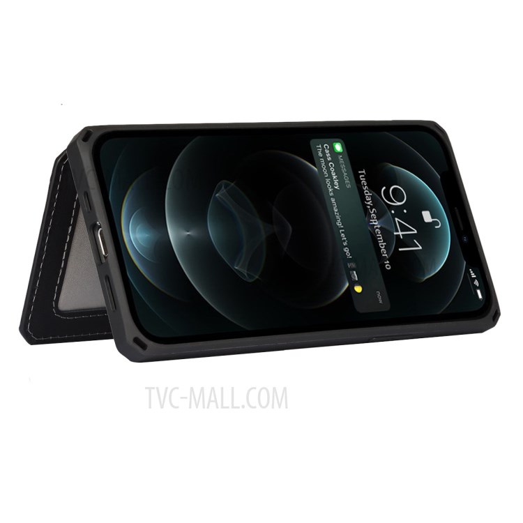 Genuine Leather Coated TPU Case with Card Slots and Kickstand for iPhone 12 Pro Max - Black-5