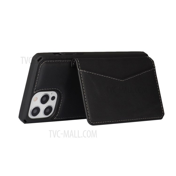 Genuine Leather Coated TPU Case with Card Slots and Kickstand for iPhone 12 Pro Max - Black-6