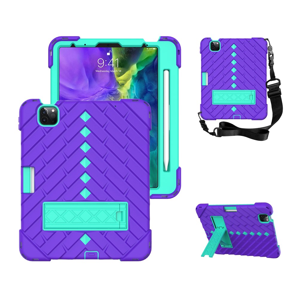 Rhombus Design PC + TPU Hybrid Tablet Shell Case with Kickstand and Lanyard for iPad Pro 11-inch (2022) / (2020) / (2021) - Purple / Mint Green