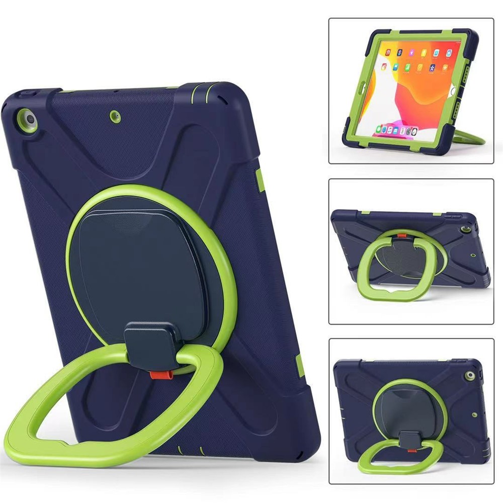 360° Rotary Kickstand Design PC + Silicone Tablet Case Shell for iPad 10.2 (2021) / (2020) / (2019) - Navy Blue / Lime