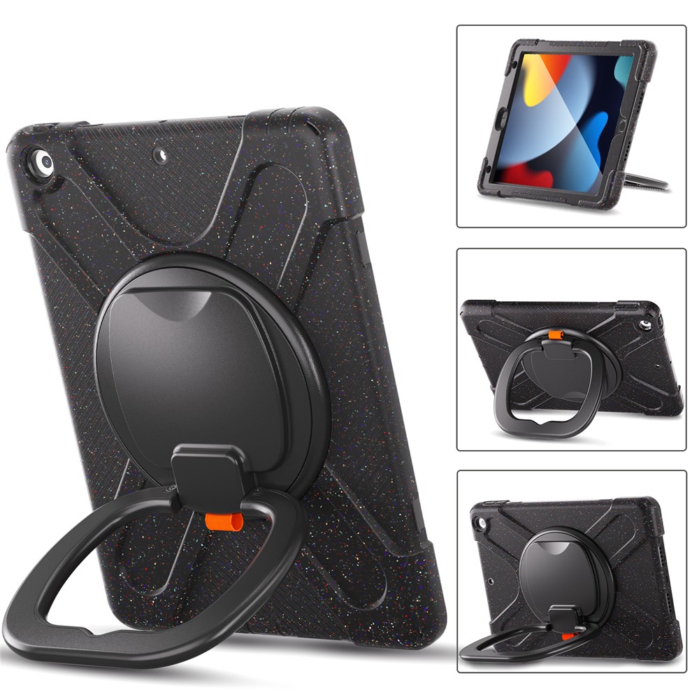 For iPad 10.2 (2021) / (2020) / (2019) Rotary Kickstand Tablet Case PC + Silicone Protective Tablet Shell Cover - Glitter Black / Black