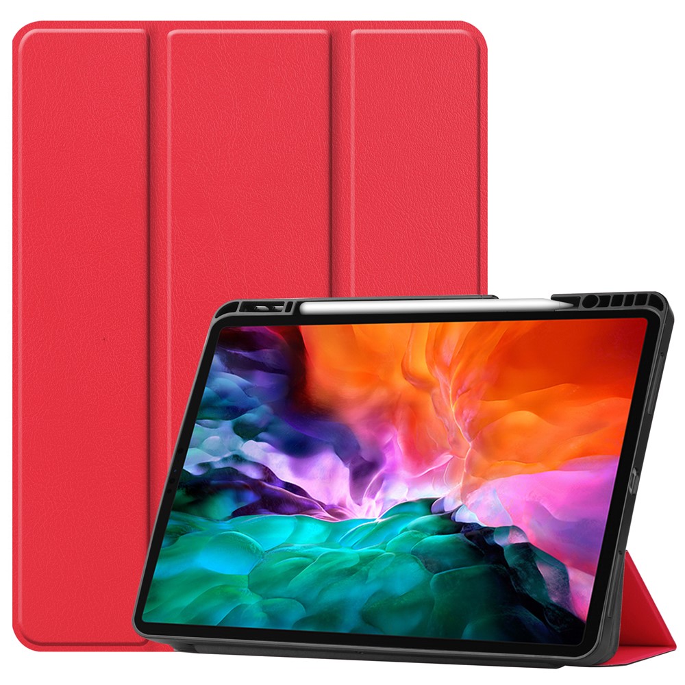 Anti-fingerprint Tri-fold Stand PU Leather Tablet Cover Smart Case with Pen Slot for Apple iPad Pro 12.9-inch (2021) - Red