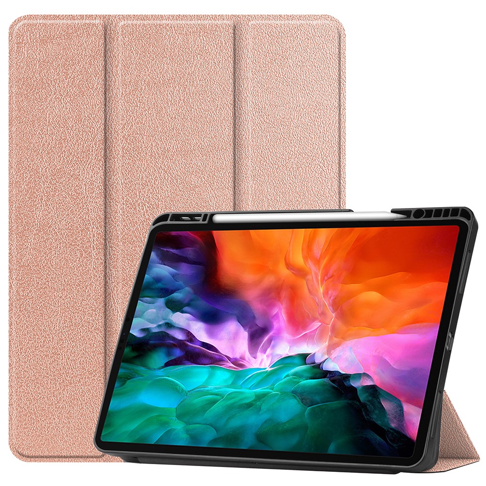 Anti-fingerprint Tri-fold Stand PU Leather Tablet Cover Smart Case with Pen Slot for Apple iPad Pro 12.9-inch (2021) - Rose Gold