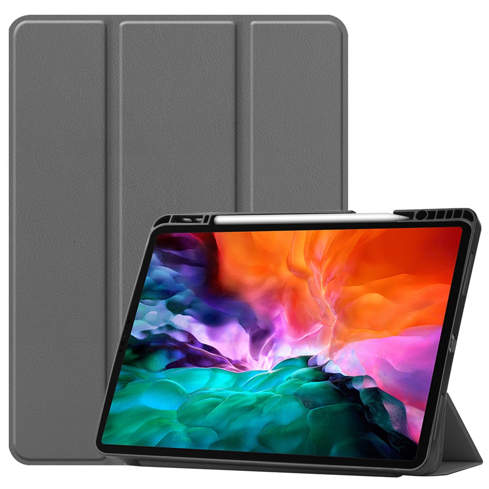 Anti-fingerprint Tri-fold Stand PU Leather Tablet Cover Smart Case with Pen Slot for Apple iPad Pro 12.9-inch (2021) - Grey