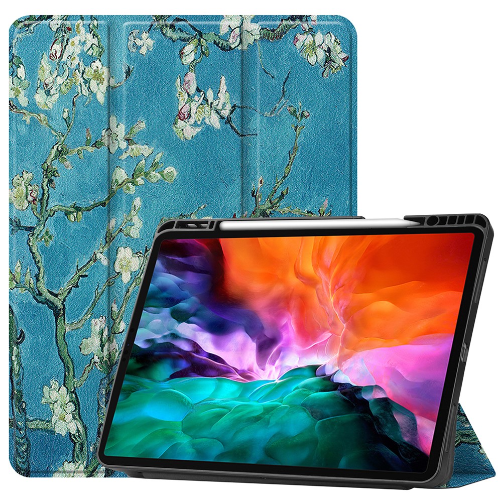 Pattern Printing Tri-Fold Stand PU Leather Tablet Cover Smart Case with Pen Slot for iPad Pro 12.9-inch (2021) - Flower