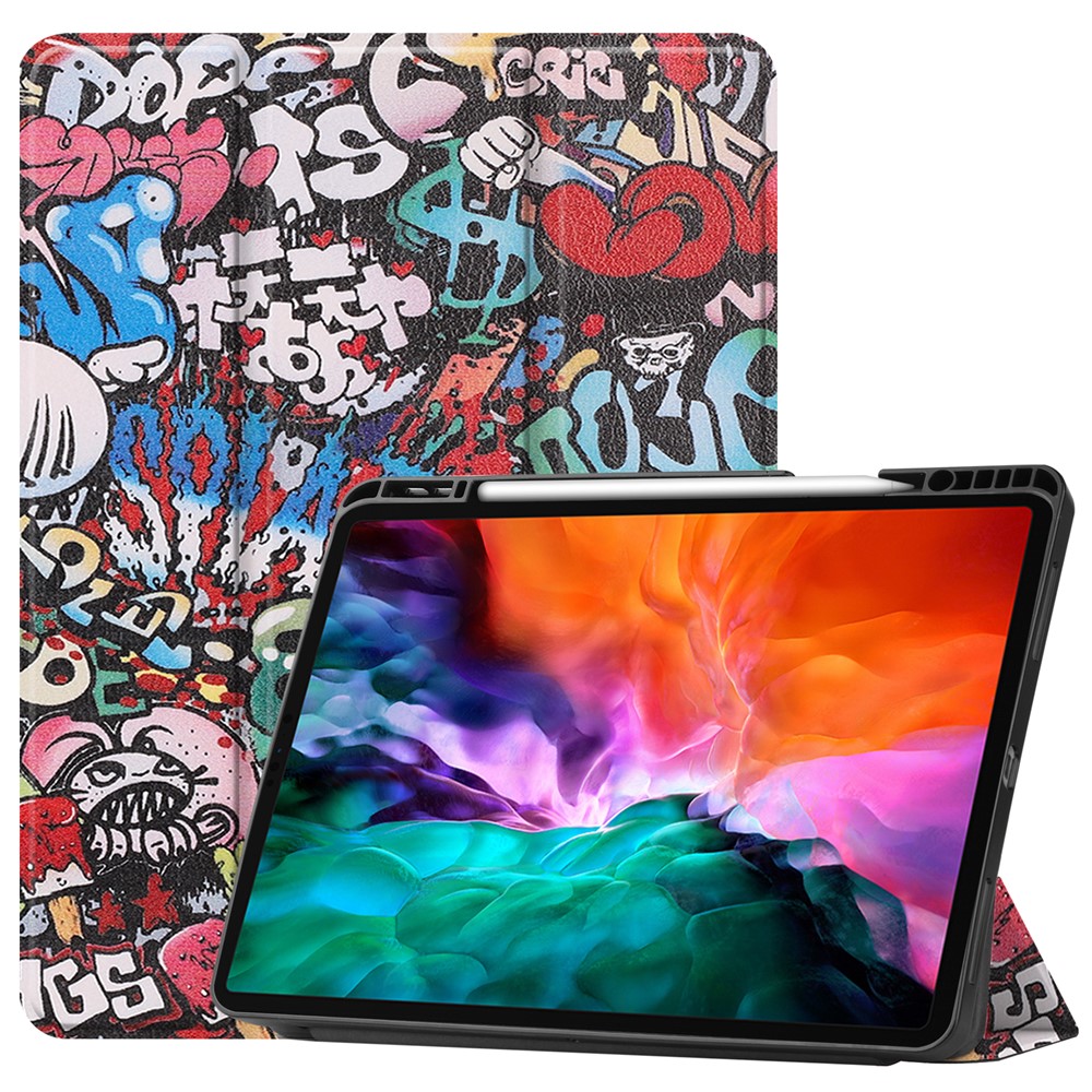 Pattern Printing Tri-Fold Stand PU Leather Tablet Cover Smart Case with Pen Slot for iPad Pro 12.9-inch (2021) - Graffiti