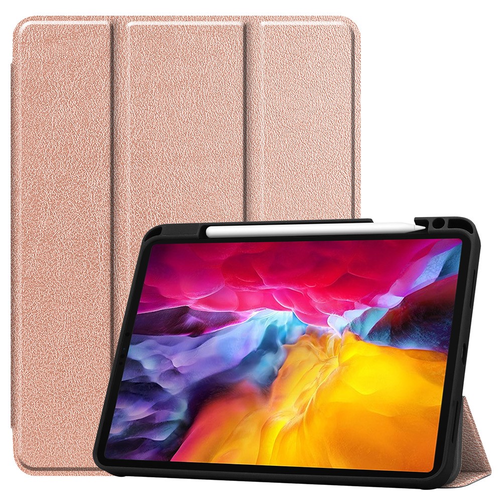 Tri-fold Stand Leather Tablet Cover Smart Case Shell with Pen Slot for iPad Pro 11-inch (2021) - Rose Gold-1