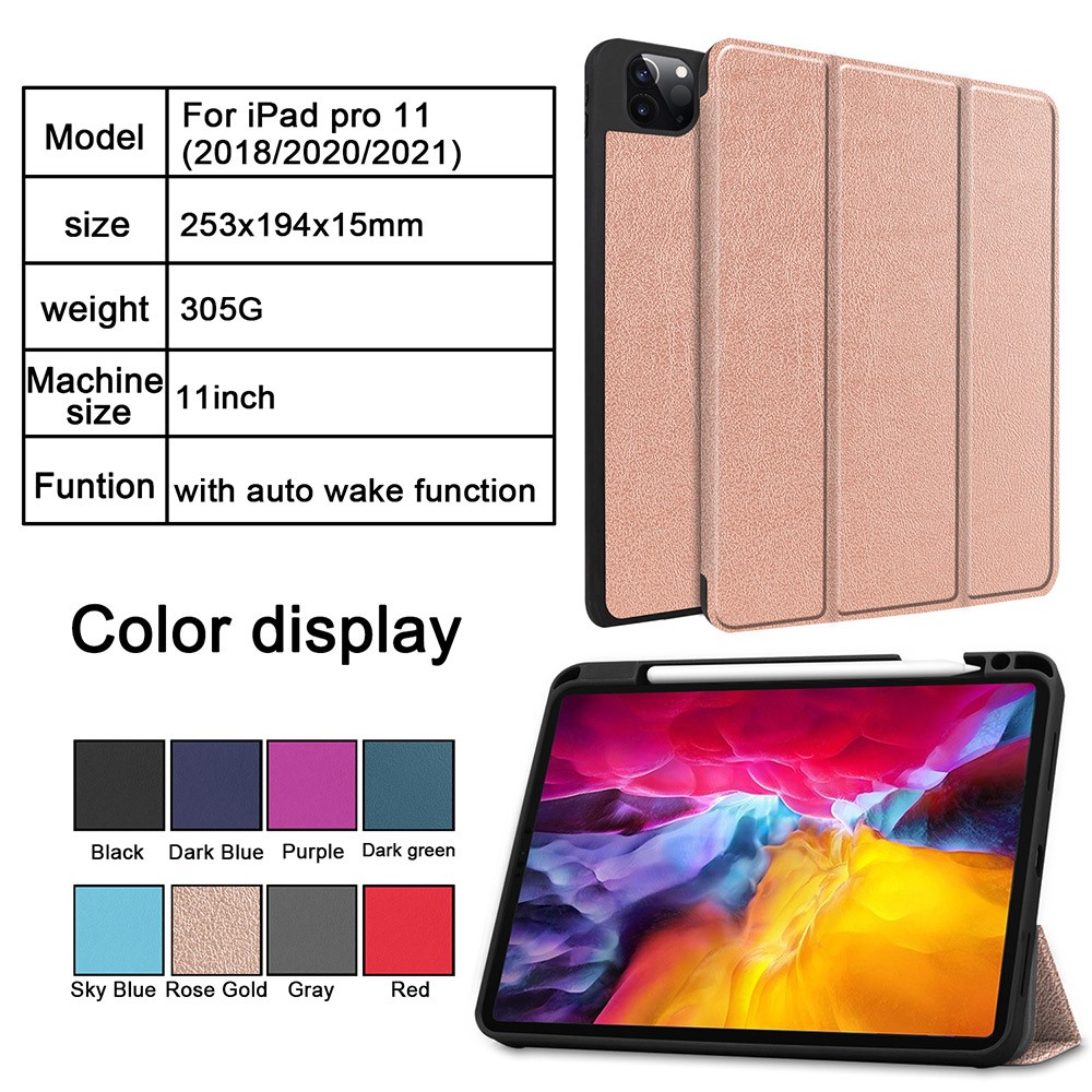 Tri-fold Stand Leather Tablet Cover Smart Case Shell with Pen Slot for iPad Pro 11-inch (2021) - Rose Gold-9