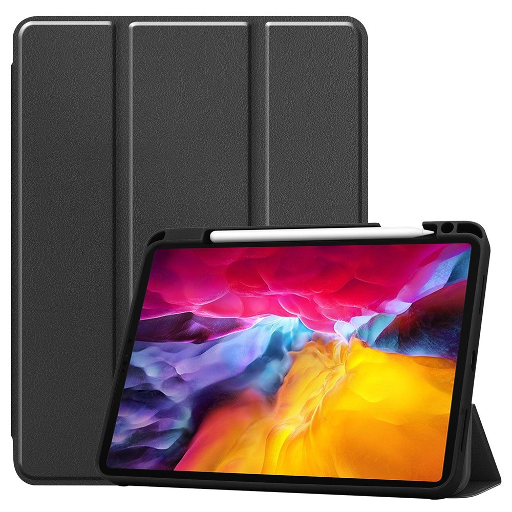 Stable Tri-fold Stand Stand Leather Tablet Cover Smart Case Shell with Pen Slot for iPad Pro 11-inch (2021) - Black
