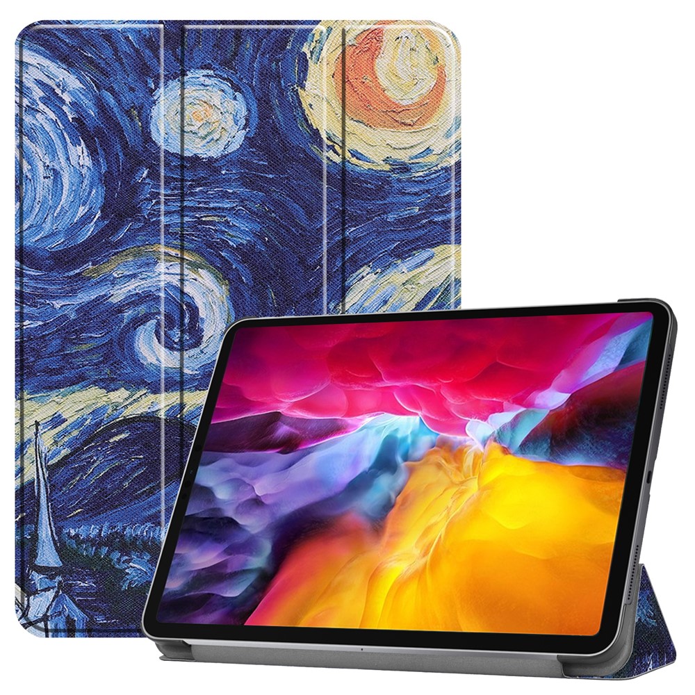 Pattern Printing Tri-fold Stand Case for iPad Pro 11-inch (2021), Folio PU Leather Auto Wake/Sleep Cover with Pen Slot  - Blue Oil Painting