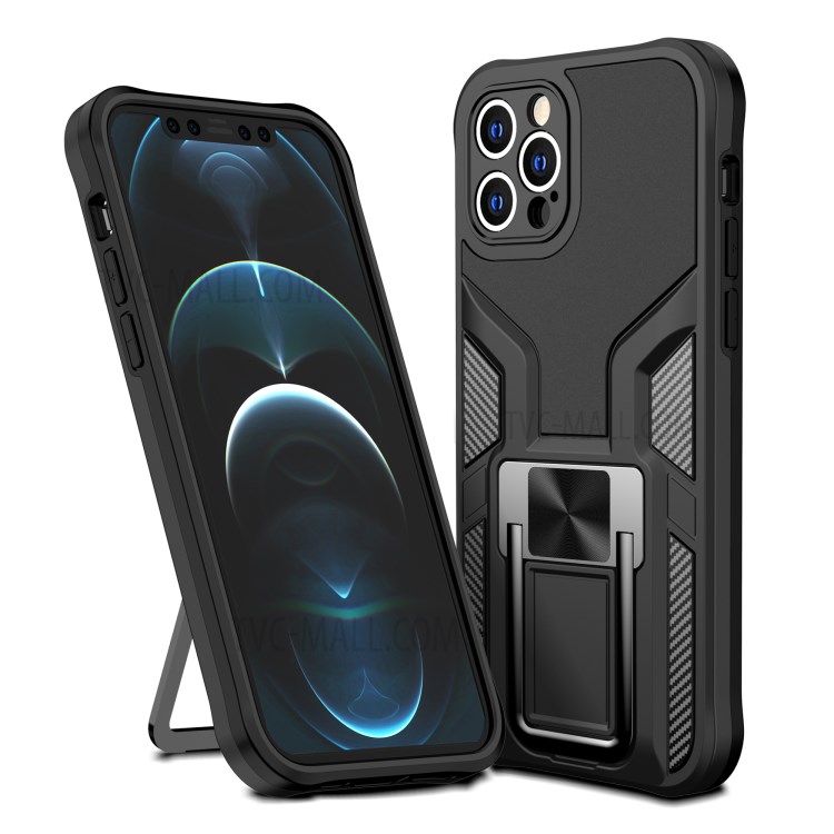 Quality PC + TPU Hybrid Kickstand Case Cover (Built-in Magnetic Metal Sheet) for iPhone 12 Pro - Black-1