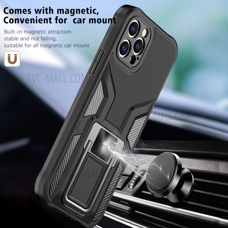 Quality PC + TPU Hybrid Kickstand Case Cover (Built-in Magnetic Metal Sheet) for iPhone 12 Pro - Black-2