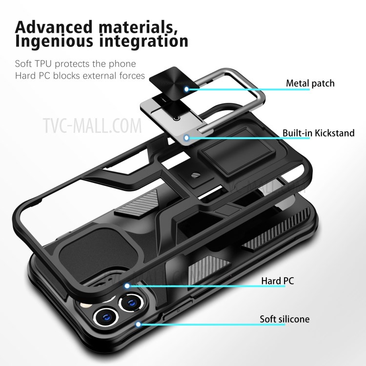 Quality PC + TPU Hybrid Kickstand Case Cover (Built-in Magnetic Metal Sheet) for iPhone 12 Pro - Black-7