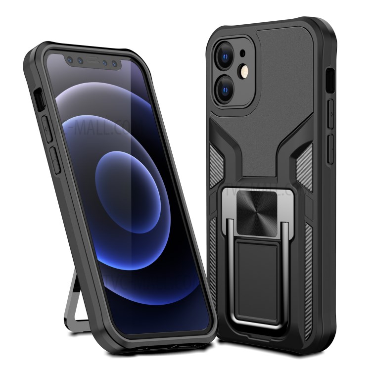 Quality PC + TPU Hybrid Kickstand Case Cover (Built-in Magnetic Metal Sheet) for iPhone 12 - Black-1