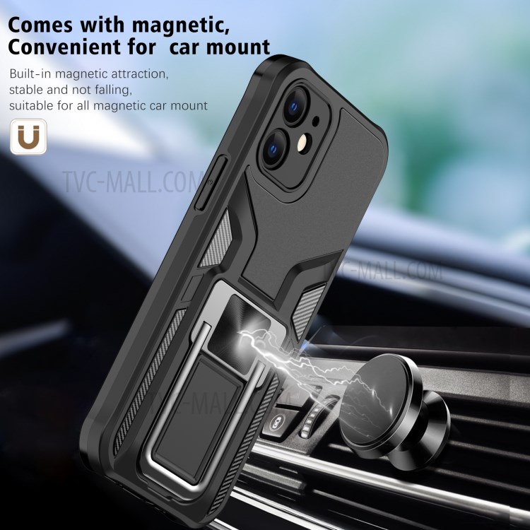 Quality PC + TPU Hybrid Kickstand Case Cover (Built-in Magnetic Metal Sheet) for iPhone 12 - Black-2