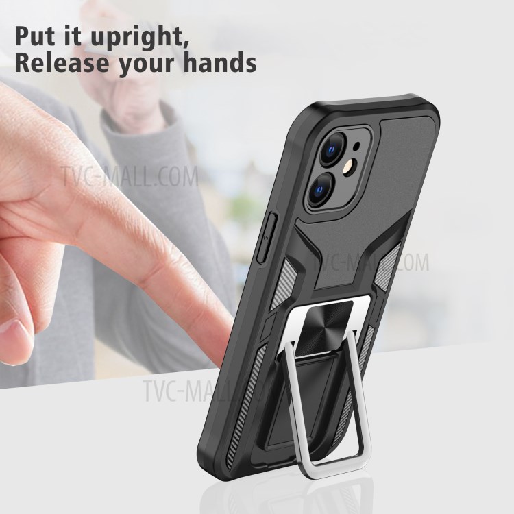 Quality PC + TPU Hybrid Kickstand Case Cover (Built-in Magnetic Metal Sheet) for iPhone 12 - Black-4