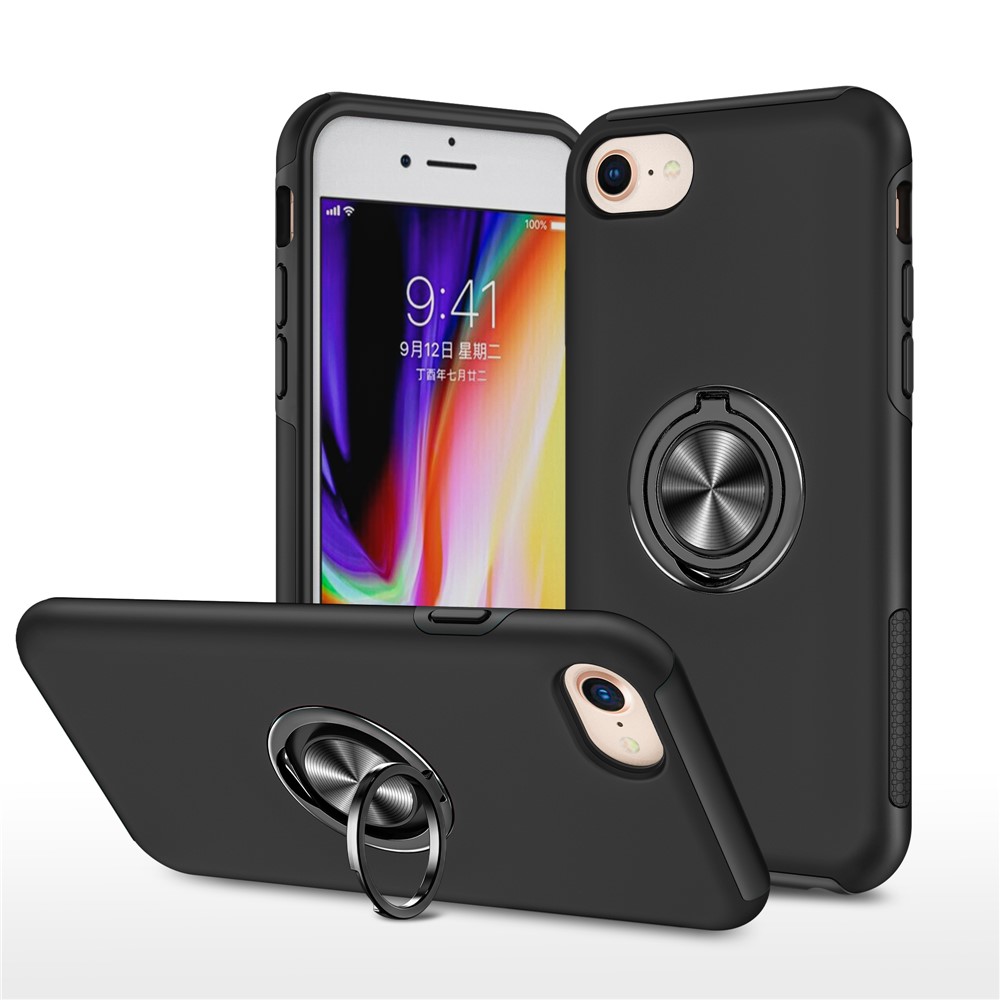 Hybrid Phone Case Cover Full Protection with Ring Shape Kickstand Design for iPhone 7 4.7 inch/8 4.7 inch/SE (2nd Generation) - Black-1