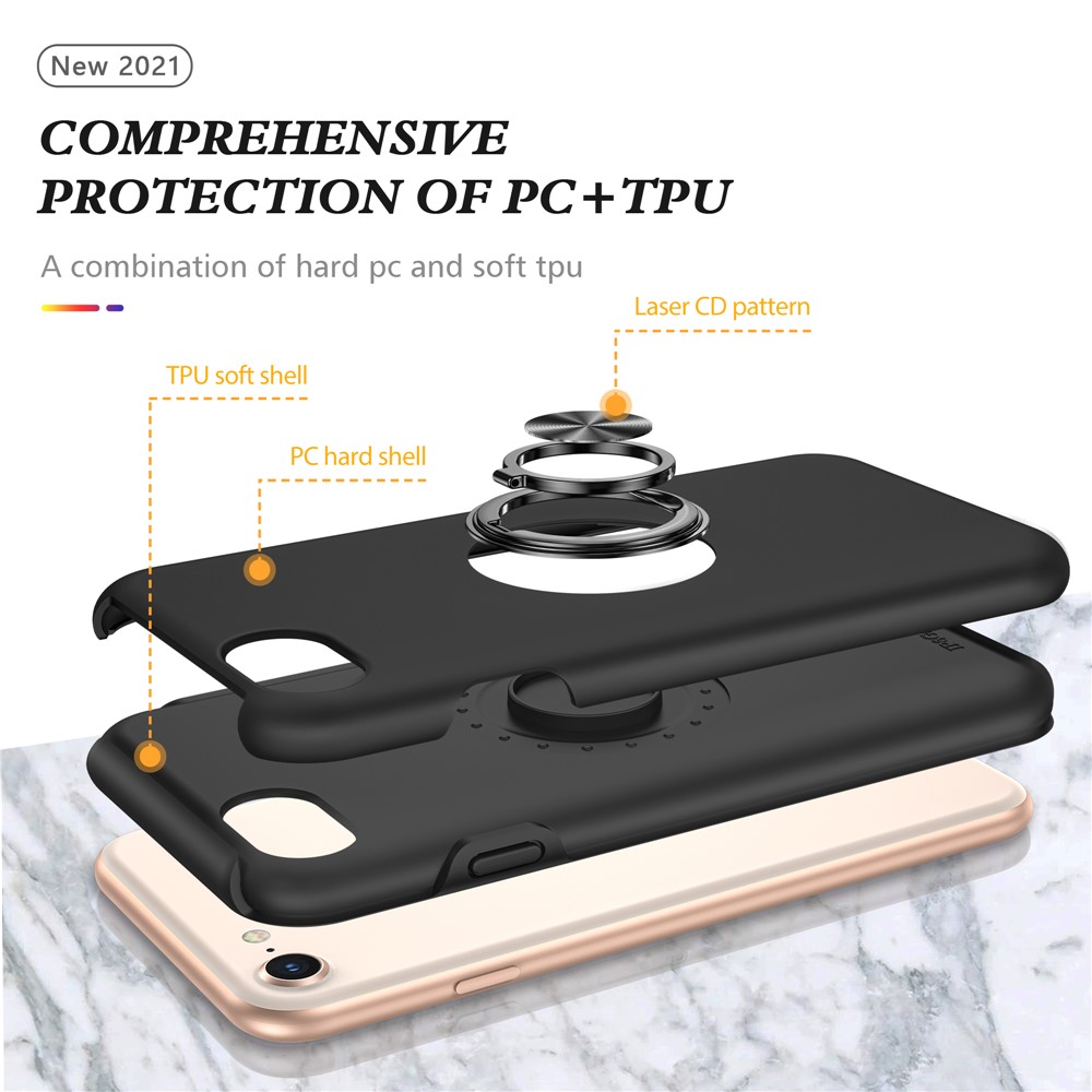 Hybrid Phone Case Cover Full Protection with Ring Shape Kickstand Design for iPhone 7 4.7 inch/8 4.7 inch/SE (2nd Generation) - Black-4