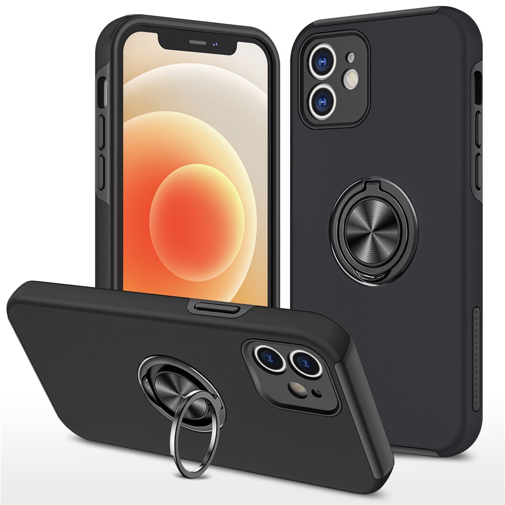 Ring Shape Kickstand Design Hybrid Phone Case Cover with Built-in Metal Sheet for iPhone 12 mini - Black-1