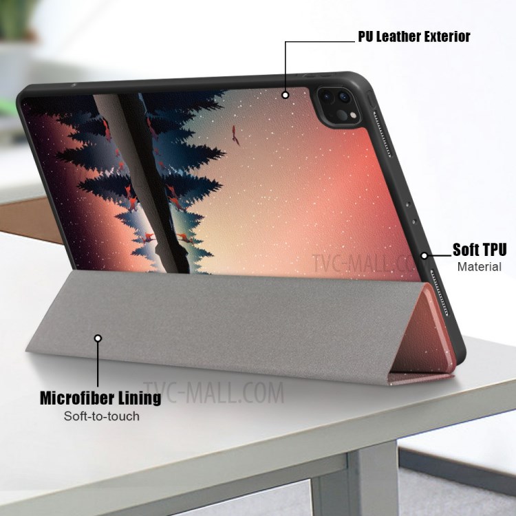 Pattern Printing Tri-fold Auto Sleep/Wake TPU Leather Tablet Stand Case with Pen Slot for iPad Pro 12.9-inch (2021) / 12.9-inch (2020) - Forest-10
