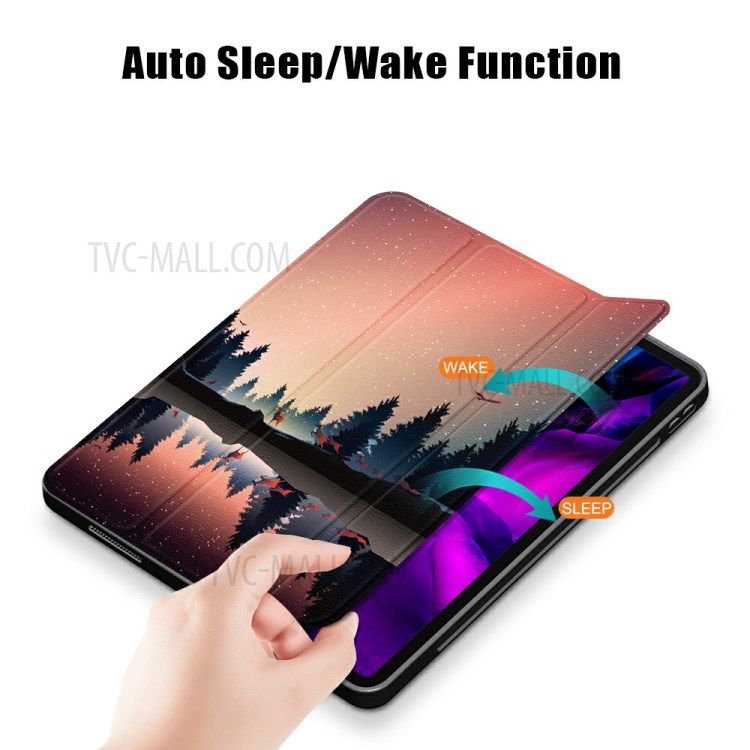 Pattern Printing Tri-fold Auto Sleep/Wake TPU Leather Tablet Stand Case with Pen Slot for iPad Pro 12.9-inch (2021) / 12.9-inch (2020) - Forest-5