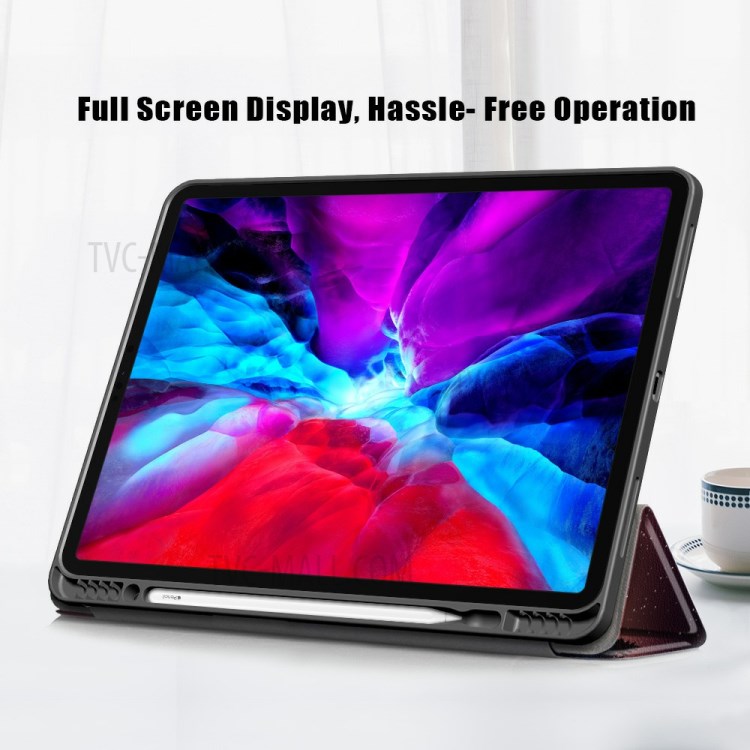 Pattern Printing Tri-fold Auto Sleep/Wake TPU Leather Tablet Stand Case with Pen Slot for iPad Pro 12.9-inch (2021) / 12.9-inch (2020) - Forest-7