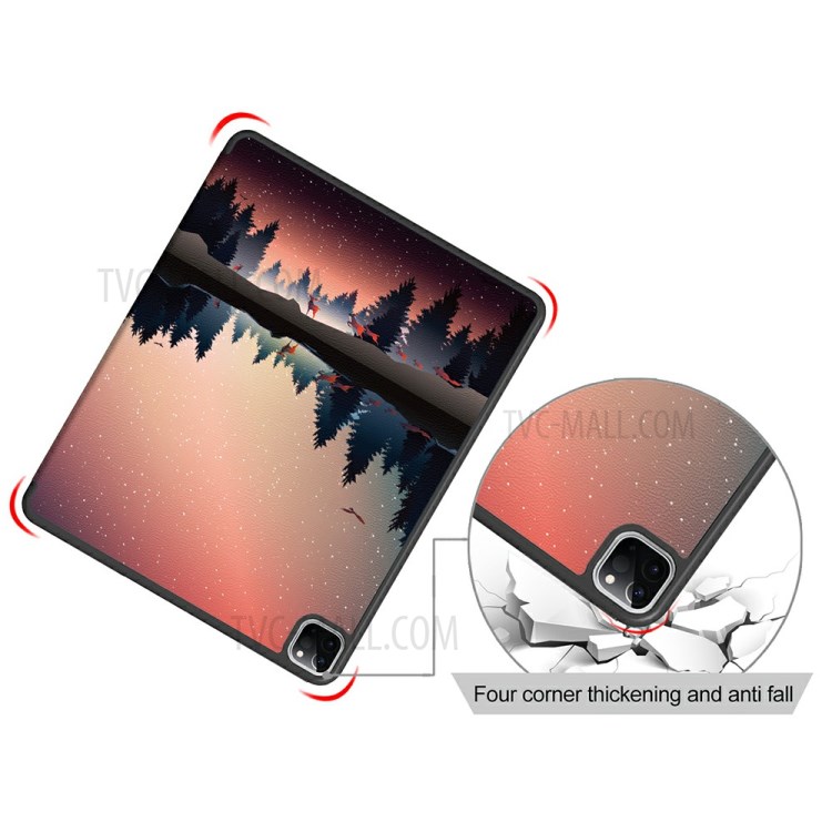 Pattern Printing Tri-fold Auto Sleep/Wake TPU Leather Tablet Stand Case with Pen Slot for iPad Pro 12.9-inch (2021) / 12.9-inch (2020) - Forest-9