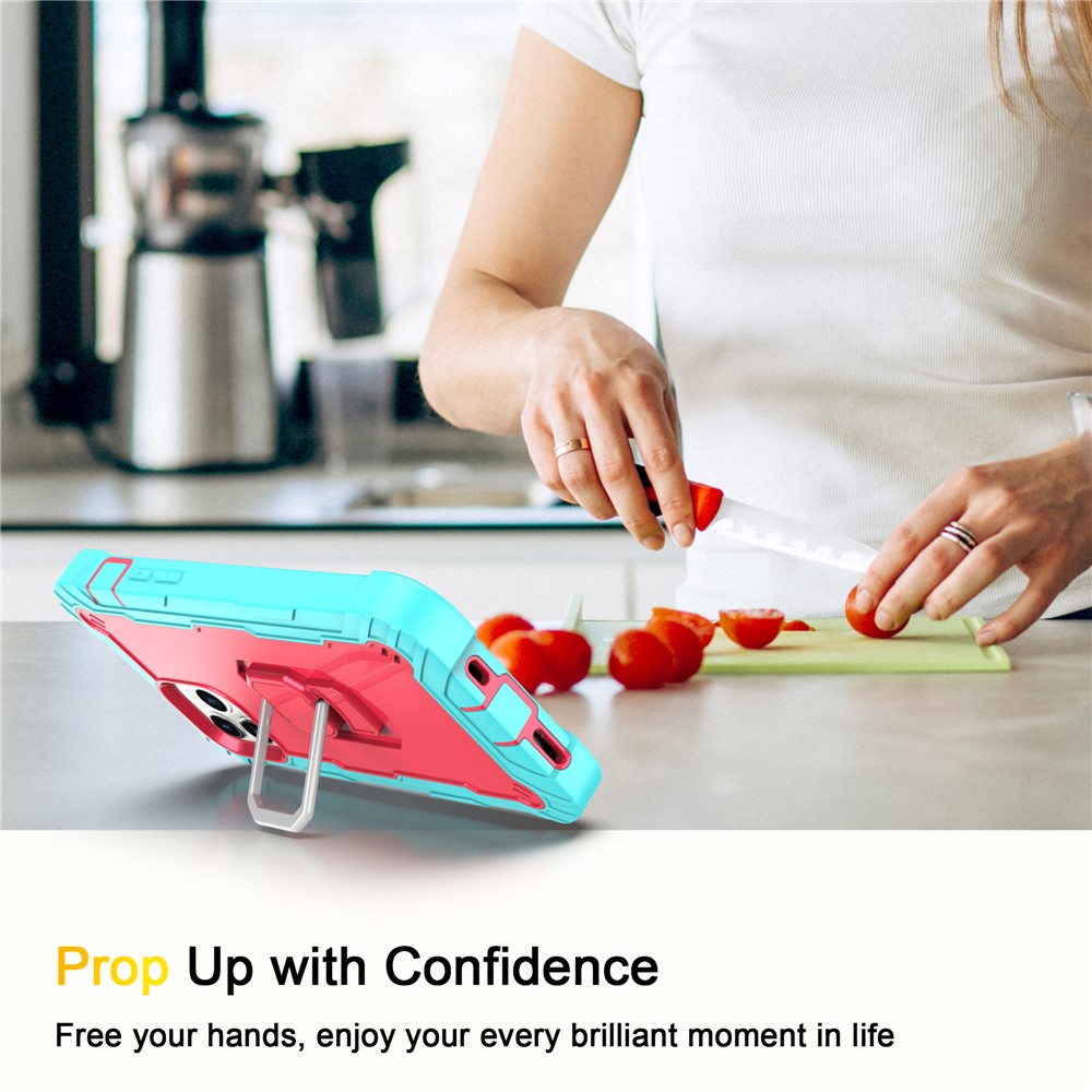 PC + Silicone Shockproof Phone Case Shell with Rotation Kickstand for iPhone 12/12 Pro - Cyan / Rose Red-3