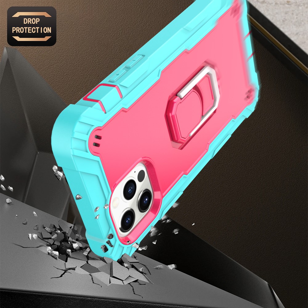 PC + Silicone Shockproof Phone Case Shell with Rotation Kickstand for iPhone 12/12 Pro - Cyan / Rose Red-4