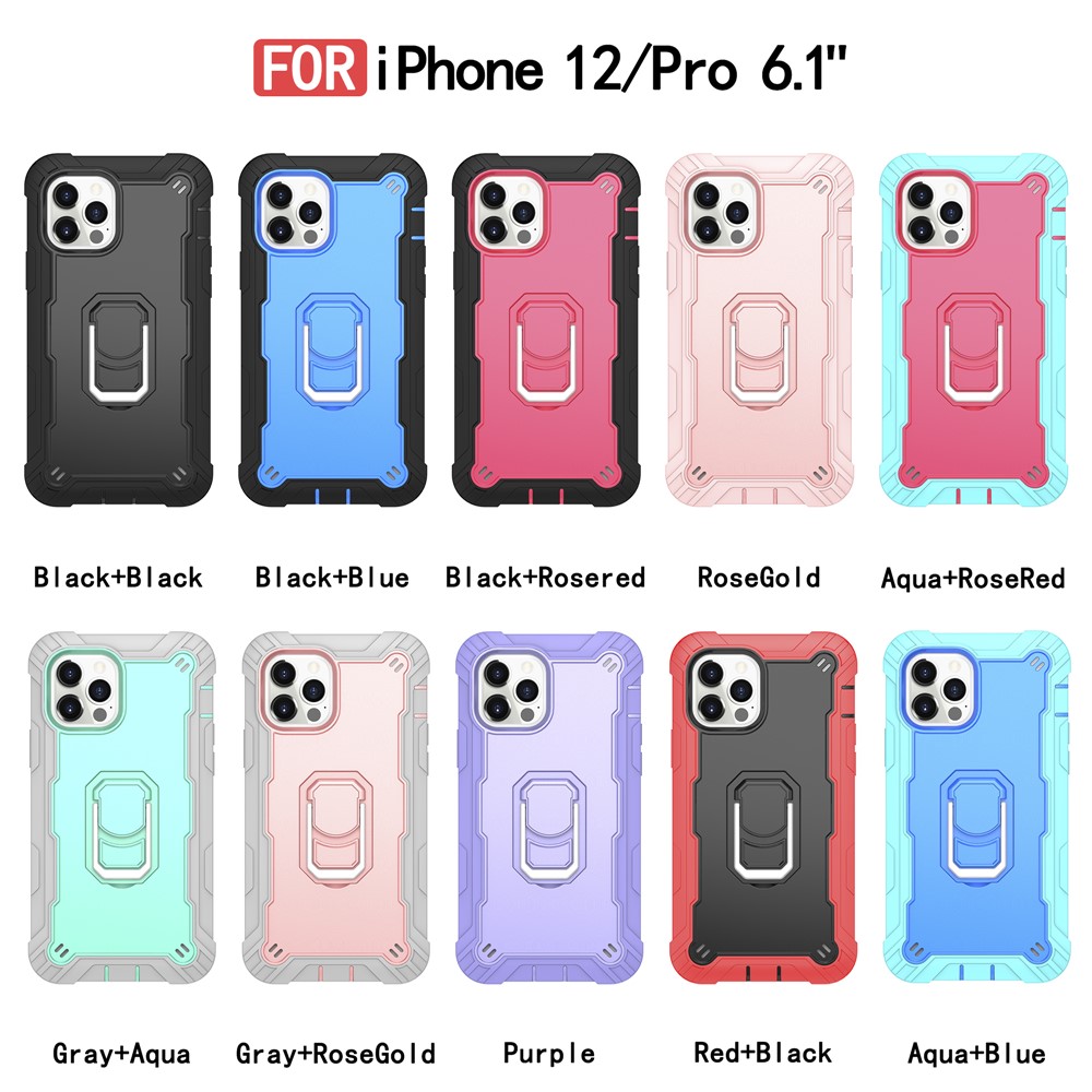 PC + Silicone Shockproof Phone Case Shell with Rotation Kickstand for iPhone 12/12 Pro - Cyan / Rose Red-7