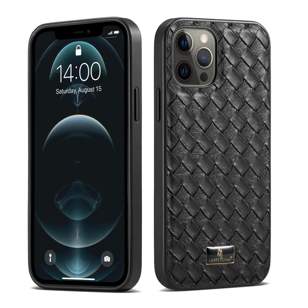 FIERRE SHANN PU Leather + Plastic + TPU Phone Case Super Slim Shell for iPhone 12 Pro Max - Woven Pattern-1