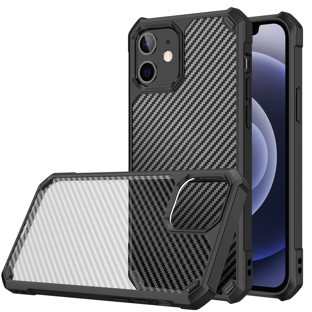 Carbon Fiber TPU Acrylic Shockproof Phone Case for iPhone 12 mini - Black-1