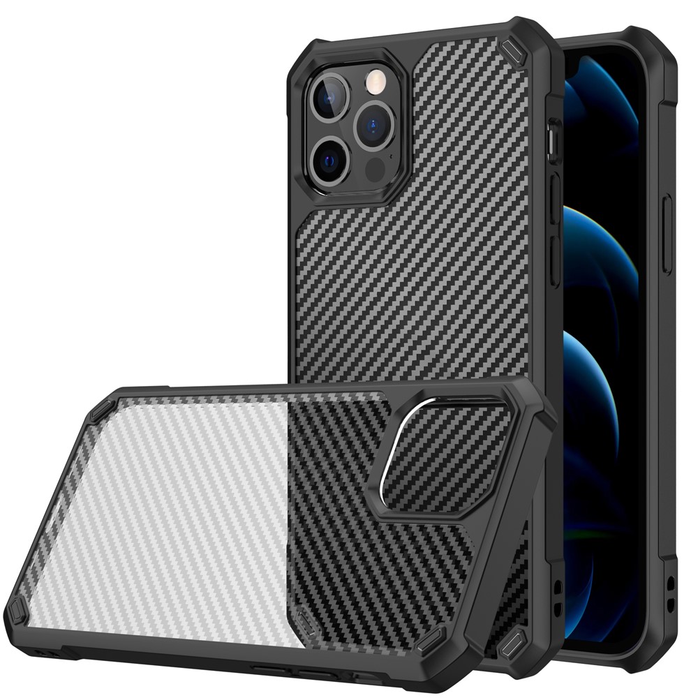 Carbon Fiber TPU Acrylic Cell Phone Protective Case for iPhone 12 Pro Max - Black-1