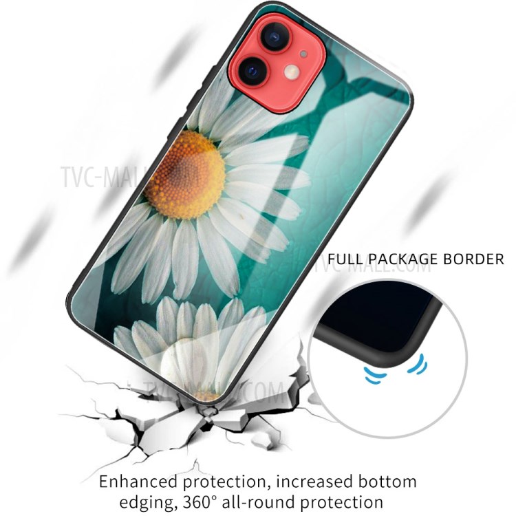 Projeto De Impressão Padrão De Vidro Temperado + Tampa Do Caso Do Telefone Híbrido Do TPU Para O IPhone 12 Mini - Crisântemo-2
