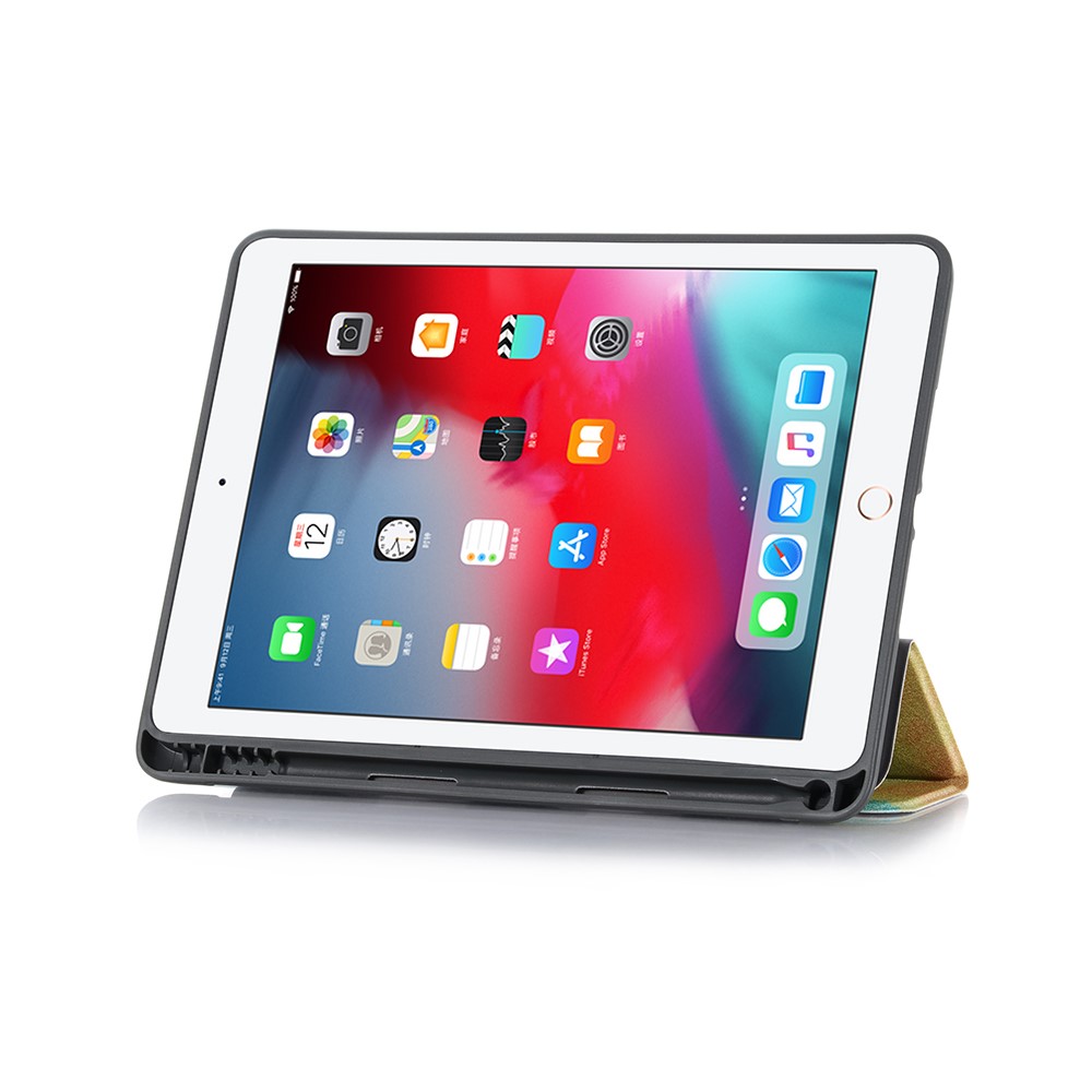 Pattern Printing Leather Stand Protective Case with Pen Slot for iPad 10.2 (2020)/(2019) - Green/Yellow-4