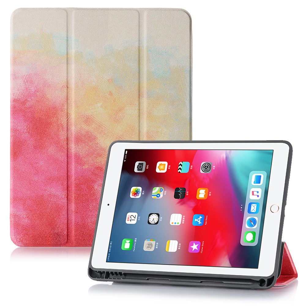 Pattern Printing Leather Stand Protective Case with Pen Slot for iPad 10.2 (2021)/(2020)/(2019) - Red/Yellow