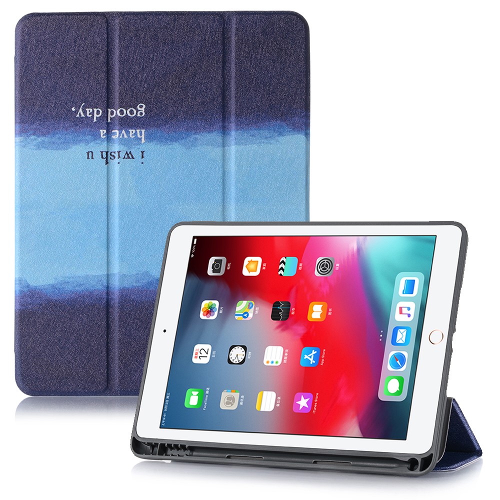 Pattern Printing Leather Stand Protective Case with Pen Slot for iPad 10.2 (2021)/(2020)/(2019) - Midnight Blue/Sky Blue