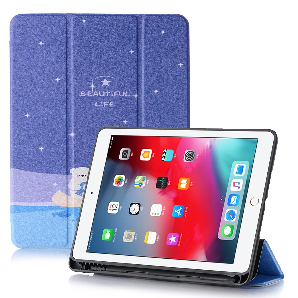 Pattern Printing Leather Stand Protective Case with Pen Slot for iPad 10.2 (2021)/(2020)/(2019) - Dark Blue/Blue