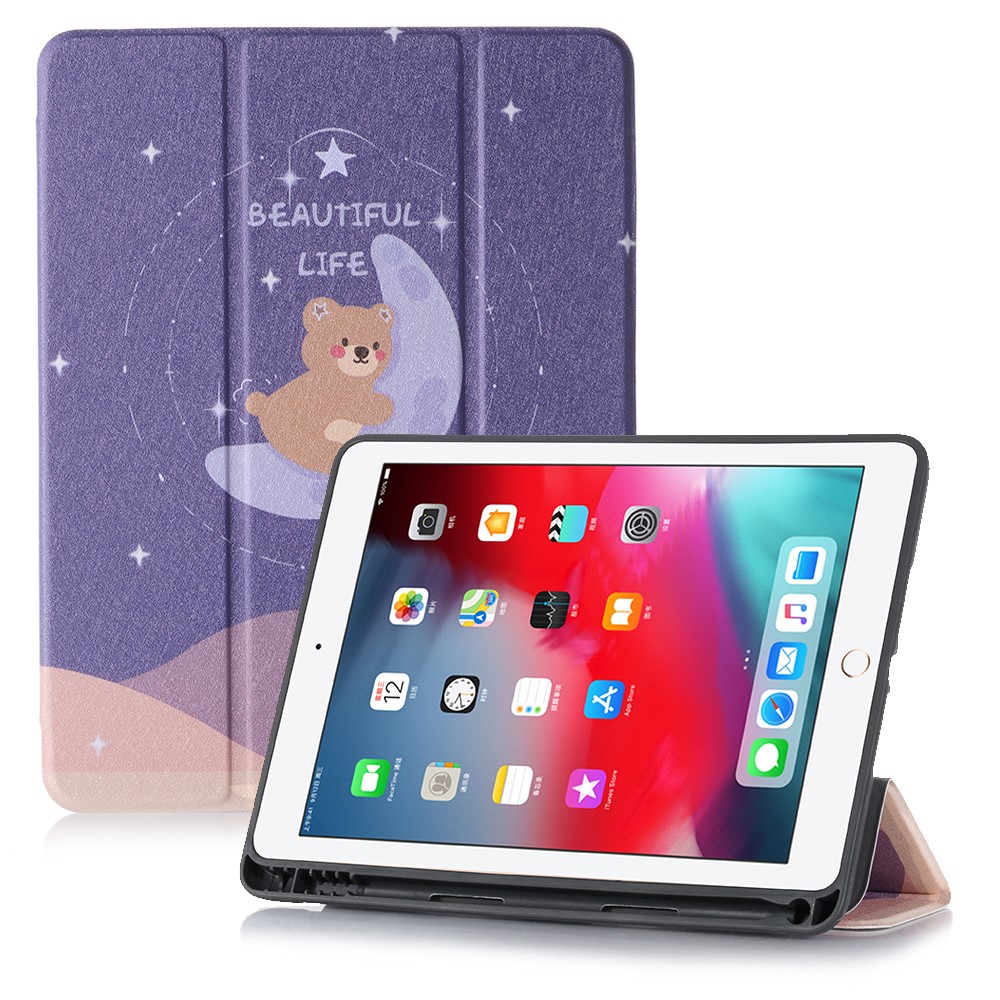 Pattern Printing Leather Stand Protective Case with Pen Slot for iPad 10.2 (2021)/(2020)/(2019) - Purple/Beige