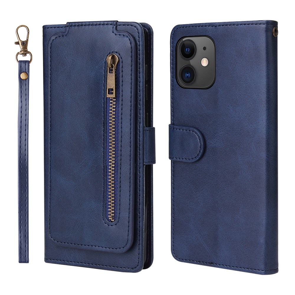 Zipper Pocket 9 Card Slots Leather Wallet Phone Case for iPhone 12 Mini - Blue-1