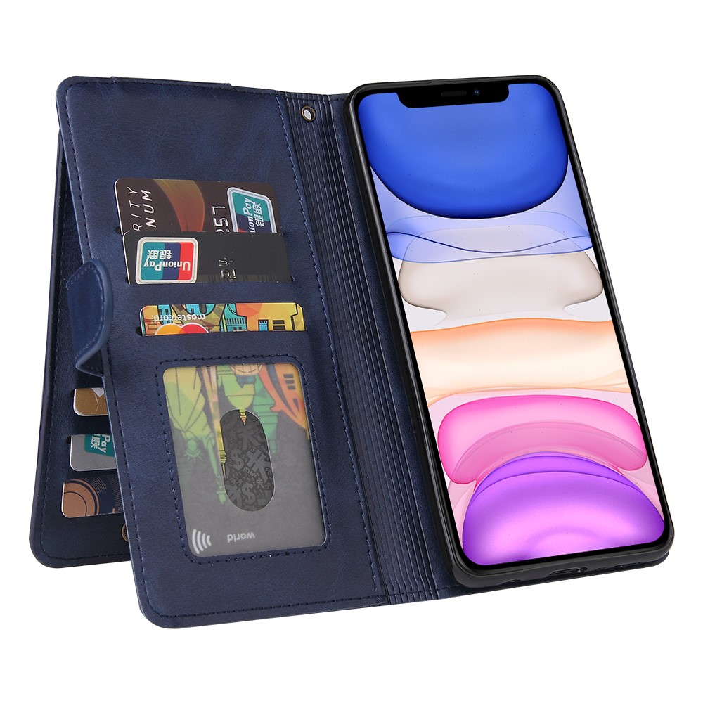 Zipper Pocket 9 Card Slots Leather Wallet Phone Case for iPhone 12 Mini - Blue-4