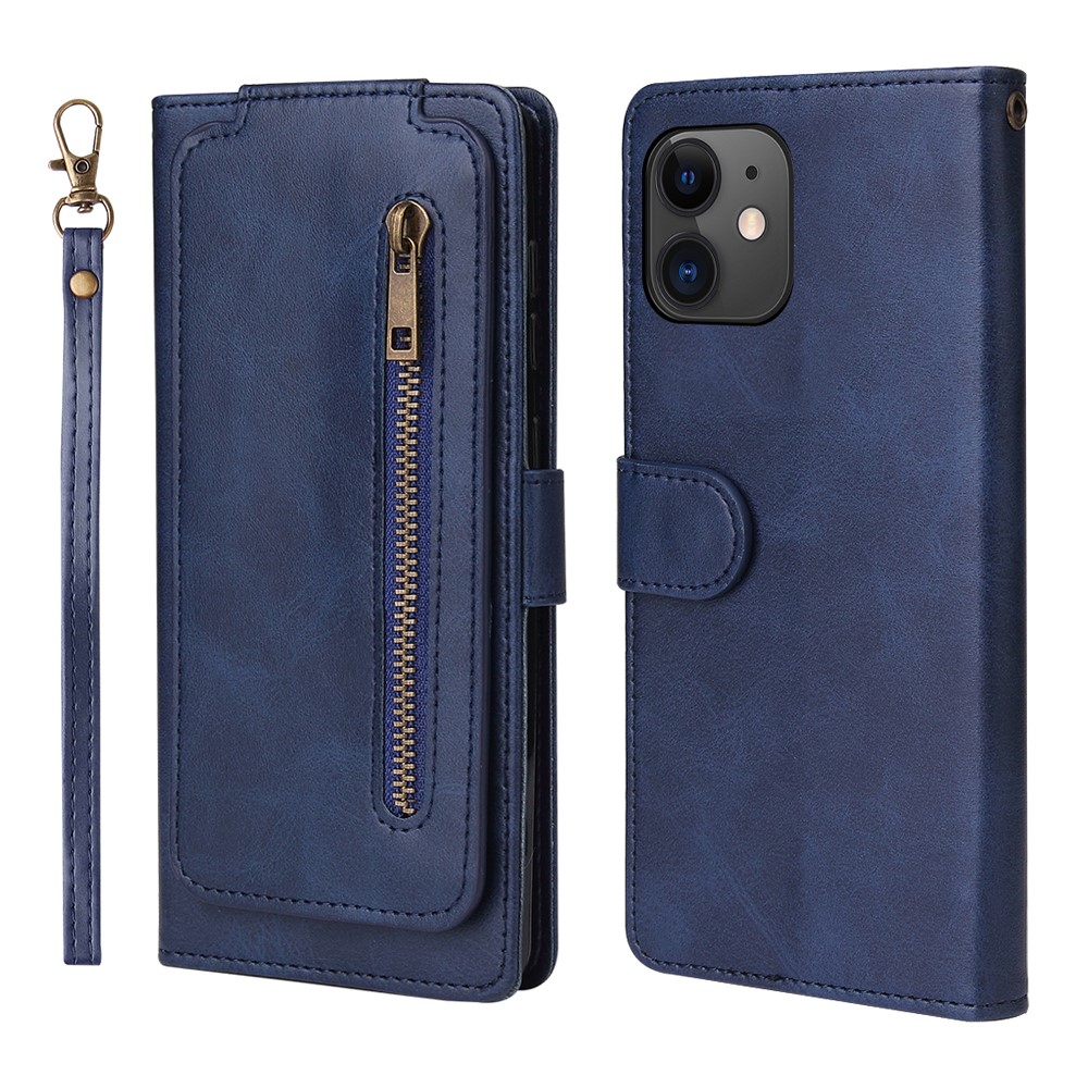 Zipper Pocket 9 Card Slots Leather Wallet Case for iPhone 12 Pro / iPhone 12 - Blue-1