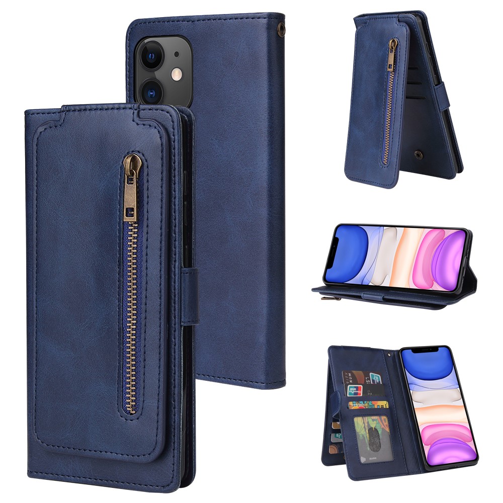 Zipper Pocket 9 Card Slots Leather Wallet Case for iPhone 12 Pro / iPhone 12 - Blue-11