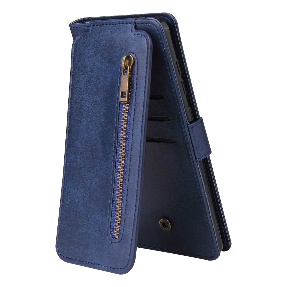 Zipper Pocket 9 Card Slots Leather Wallet Case for iPhone 12 Pro / iPhone 12 - Blue-2