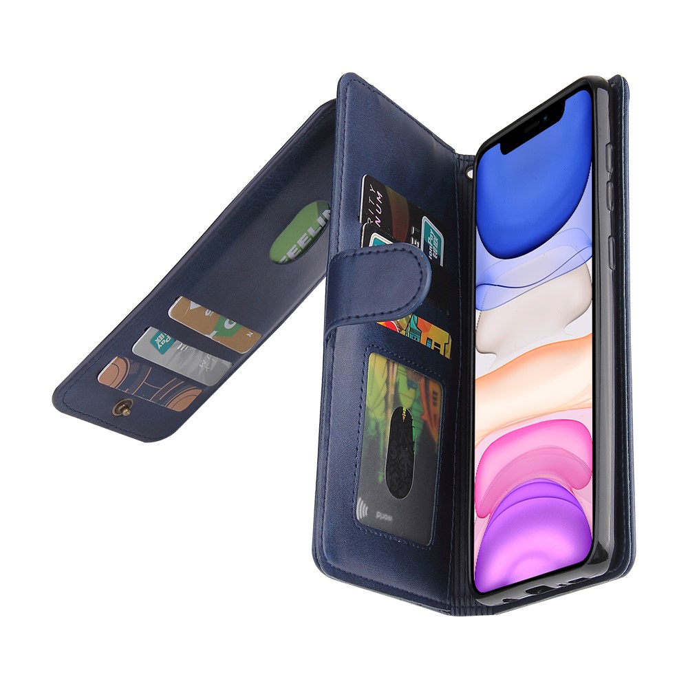 Zipper Pocket 9 Card Slots Leather Wallet Case for iPhone 12 Pro / iPhone 12 - Blue-5