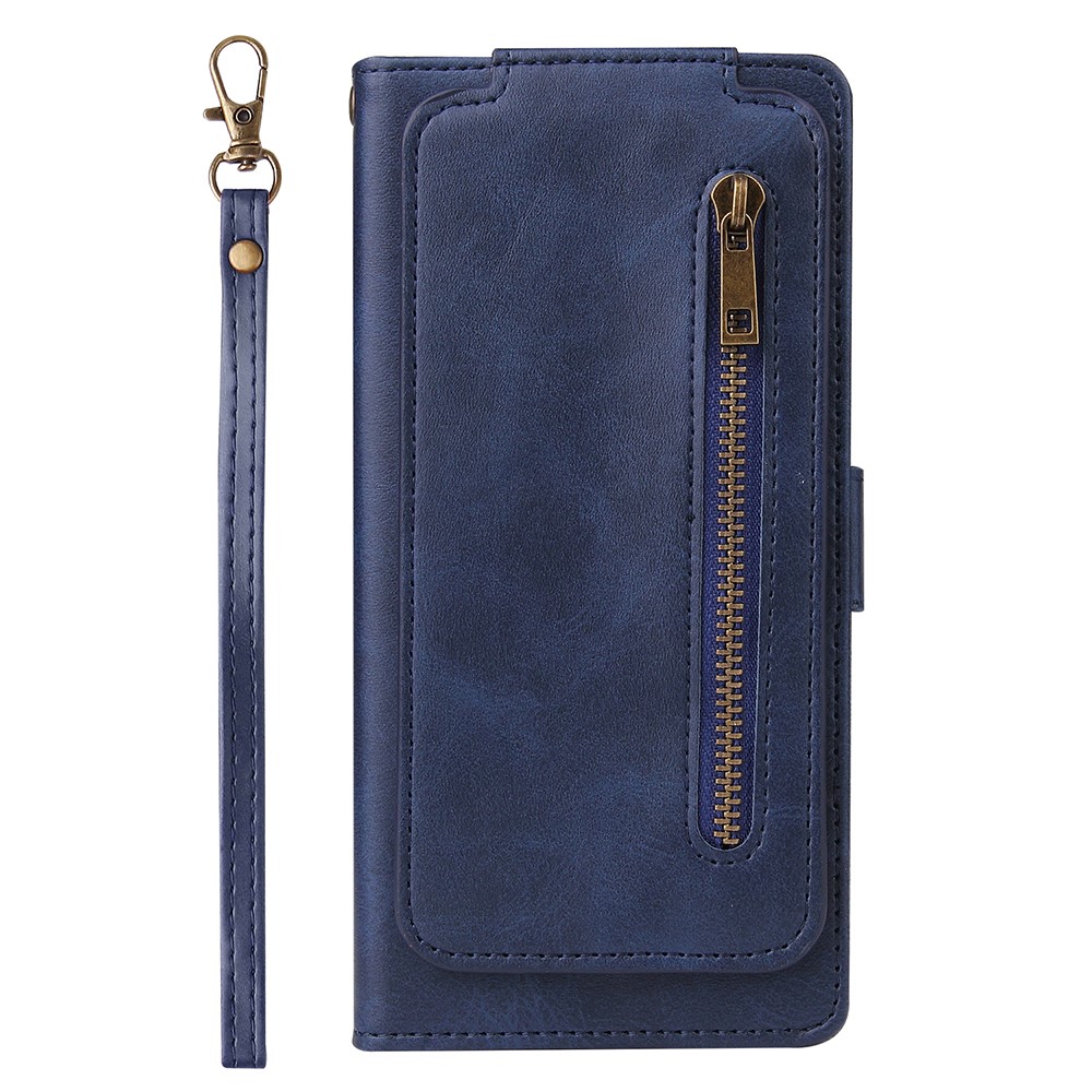 Zipper Pocket 9 Card Slots Leather Wallet Case for iPhone 12 Pro / iPhone 12 - Blue-6