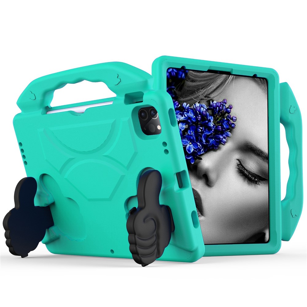 For iPad Pro 11 (2025) / 11 (2024) / (2021) / (2020) / (2022) Shockproof Thumb-Shaped Kickstand EVA Tablet Protective Case with Portable Handle Design - Cyan