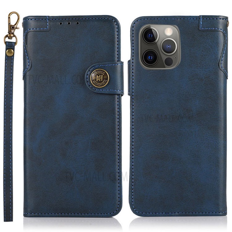 KHAZNEH Shockproof Leather Phone Case with Wallet Stand Handy Strap for iPhone 12 Pro Max - Blue-1