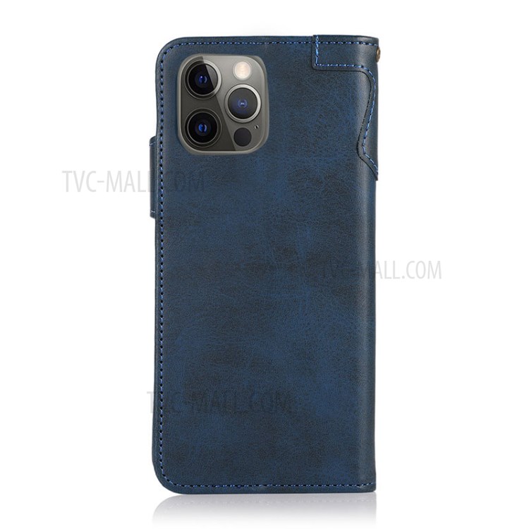 KHAZNEH Shockproof Leather Phone Case with Wallet Stand Handy Strap for iPhone 12 Pro Max - Blue-3