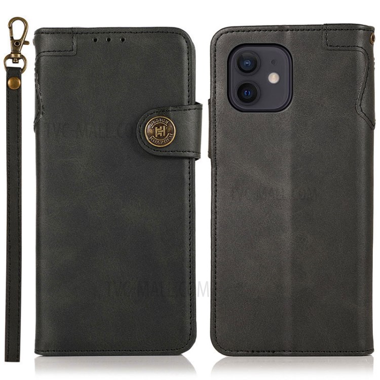 Caja De Cuero A Prueba De Golpes De Khazneh Para IPhone 12 Mini Wallet Stand Phone Funda Con Correa Práctica - Negro-1